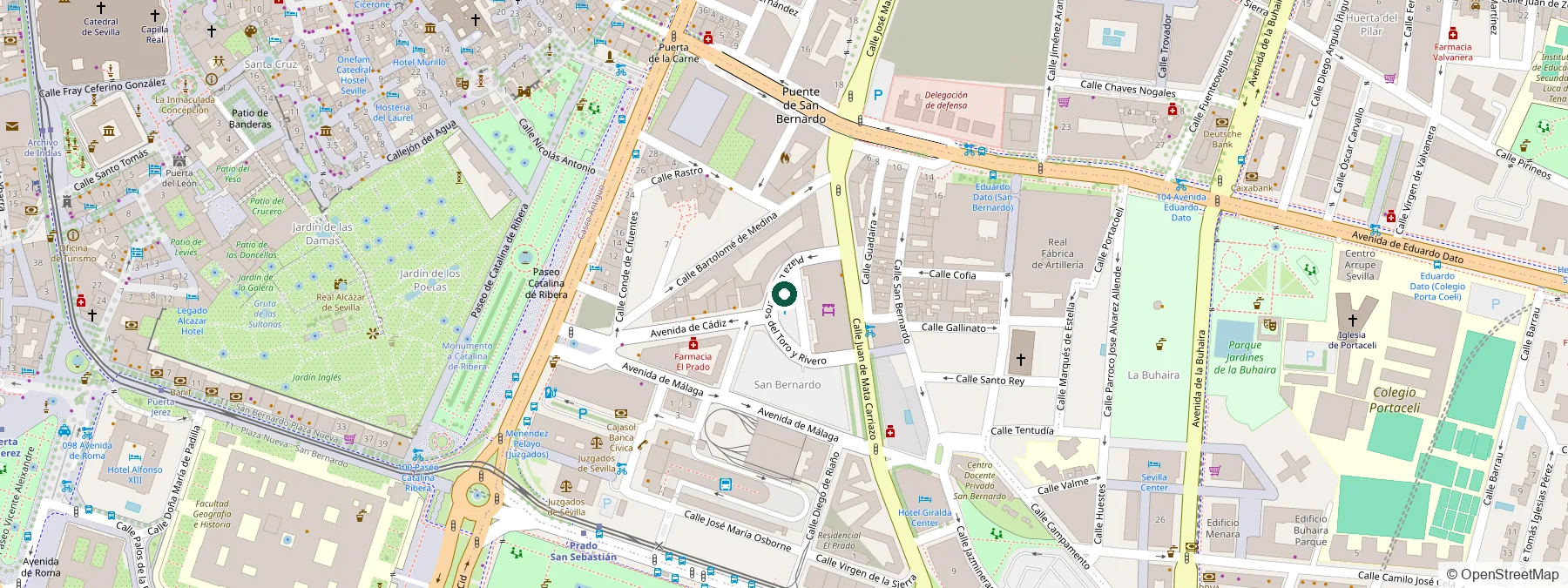Plano del entorno del Mercado Puerta de la Carne, en la avenida de Cádiz 33 de Sevilla, con la floristería señalada